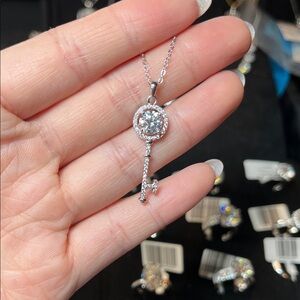 Sterling Silver Key Pendant Necklace with Clear Moissanite